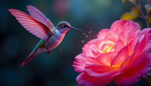 The illuminating rose and the pink hummingbird flying overhead - Powered by Adobe