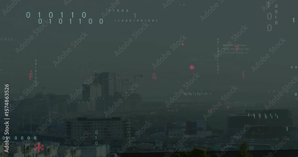 Poster opening on hazy skyline, binary digits, red symbols and c++ snippets cascading into data overlay