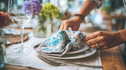 Hands folding a patterned napkin on a table set for a meal