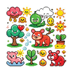 Obraz premium Pixel art cute animals and nature elements vector