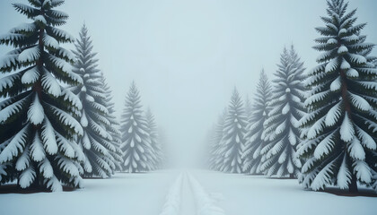 Obraz premium Snow-covered road between evergreen trees in foggy winter landscape 