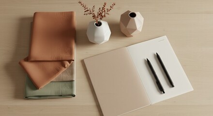 Elegant Workspace Arrangement with Notebooks, Fabrics, and Vases