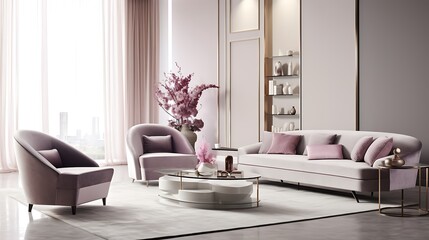 Silver and mauve tone bedroom, smooth grey concrete finish, plush suede armchair, and minimalist furniture accents