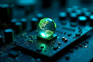 a crystalline glass globe levitating over a dark electronic circuit board, glowing with an ethereal light, conveying the concept of global connectivity and technological innovation,