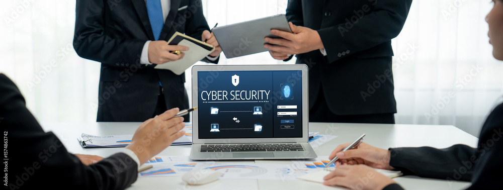 Poster cyber security system on computer screen protect private information brisk from hacker and cyber att