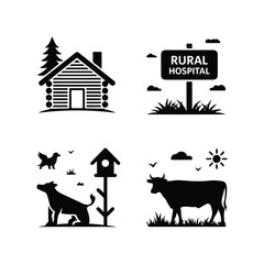Fototapeta premium Rural hospital sign and farm animals icons log cabin