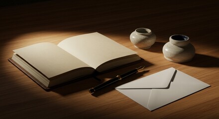 Elegant Still Life of Open Book, Pen, Envelope, and Decorative Jars