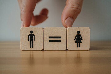 Wooden blocks with male and female symbols and an equals sign represent gender equality