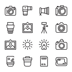 A set of outline icons representing various photography equipment and related elements