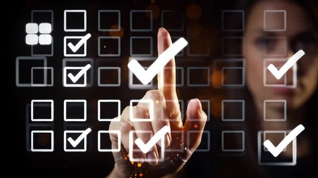 Woman interacting with a digital interface featuring checkboxes and a grid like structure overlayed