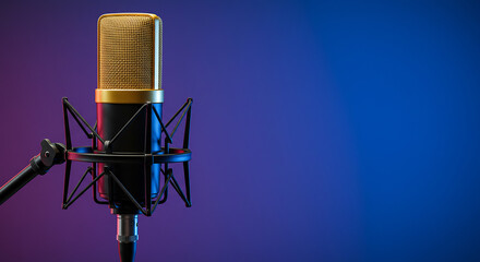 A golden microphone on a stand with a blue and purple background creating a professional studio look