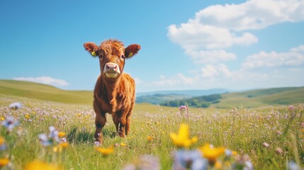Calf in summer meadow, hilly background, postcard
