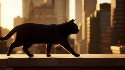 Black cat walking city rooftop sunset.