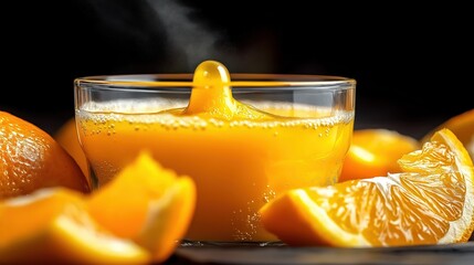 Extreme close-up of a chilled glass filled with freshly squeezed orange juice, showcasing vibrant pulp texture and condensation droplets for a refreshing and natural look.