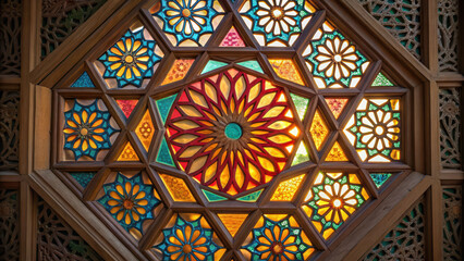 Colorful decagon stained glass window with wooden frame featuring floral patterns and geometric shapes creating vibrant and artistic design