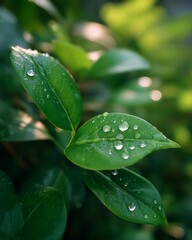 Close-up of vibrant green leaves adorned with sparkling water droplets, showcasing nature's beauty.