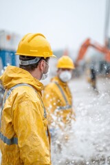 Construction workers wearing masks and protective gear during a flood