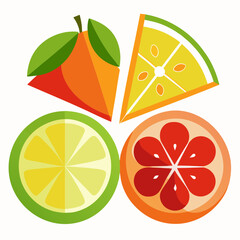 Vibrant citrus slices and orange with leaves on white background