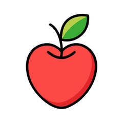 Simple red heart shaped apple with green leaf and stem