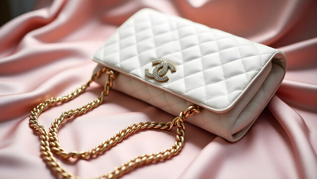 a white leather purse, a handbag with quilted pattern and a golden chain, a high-end luxury designer accessory, resting on a soft pink fabric background, stylish and fashionable item, glamorous and el - Powered by Adobe