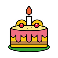 Cute cartoon birthday cake with a single burning candle and cherry decorations