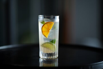 Fototapeta premium Refreshing Cold Cocktail with Citrus Slices and Mint Leaves in a Tall Glass on a Dark Surface