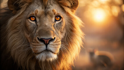 Majestic lion with intense amber eyes in golden sunlight while small mouse appears blurred in background creating striking contrast