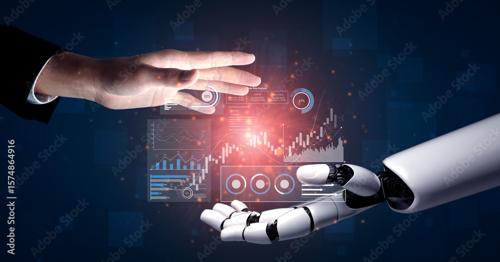 Poster ai analyzing sales data dashboard, visualizing performance metrics, detecting trends, and generating
