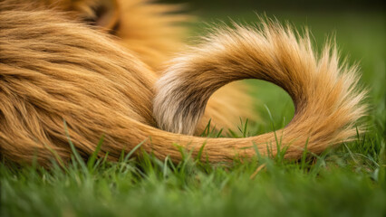 Curled furry tail of golden animal resting on green grass with soft focus background evoking gentle lion and mouse story feeling