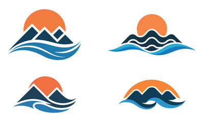 Sunset mountain and ocean wave logo icons representing nature, travel and scenic landscape concept
