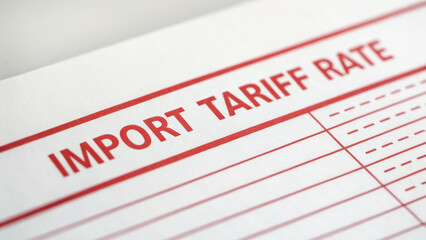 Import tariff rate document with red text and lines showing trade cost details on white paper for business and finance concept
