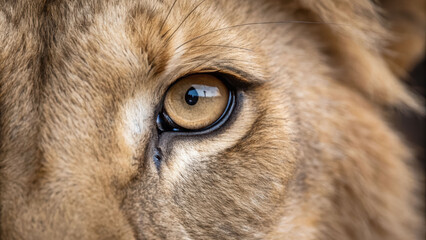 Lion eye closeup with detailed fur texture showing strength and focus like mouse watching quietly in nature