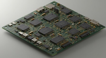 Close-up View of Complex Electronic Circuit Board with Chips