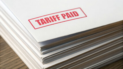 Tariff paid stamp on stack of white paper documents showing import tariff rate compliance and payment confirmation for customs clearance