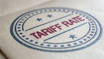 Tariff rate stamp on paper with stars and circle design showing import cost concept for trade and business