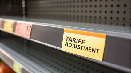 Empty store shelf with tariff adjustment sign showing import tariff rate impact on product availability and pricing