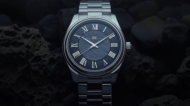 Chopard stainless steel watch with Roman numerals and polished bezel on dark rocky background. - Powered by Adobe