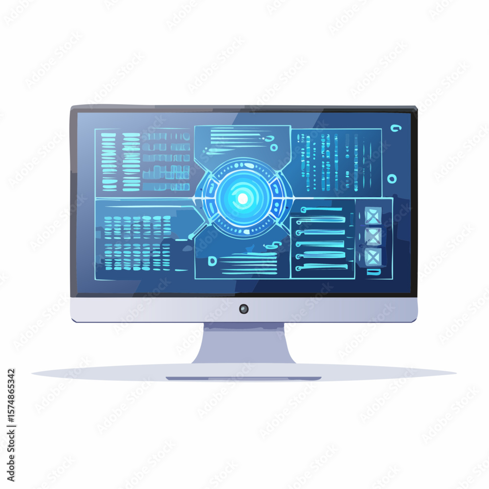 Poster modern computer monitor displaying a complex futuristic interface with glowing blue elements