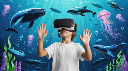 Child reaching out in a virtual underwater ocean stage