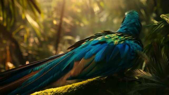 Vibrant Macaw Perched on Mossy Branch in Lush Tropical Rainforest Sunlight