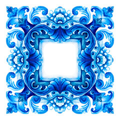 Vector decorative pattern blue and white design with frame or border. Baroque Vector mosaic. Traced watercolo. Capri Majolica	