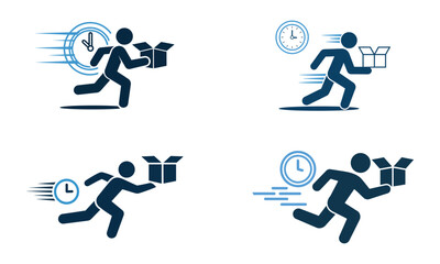 Fast delivery service icons showing courier running with box and time urgency concept
