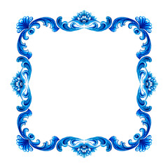 Vector decorative pattern blue and white design with frame or border. Baroque Vector mosaic. Traced watercolo. Capri Majolica	