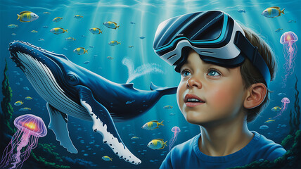 Childs face in vr exploring a virtual ocean stage