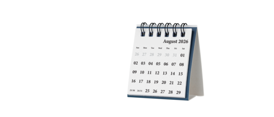 Desktop calendar for August 2026 in white colour. Mini planner for business and finance, spiral view on isolated white background close up.