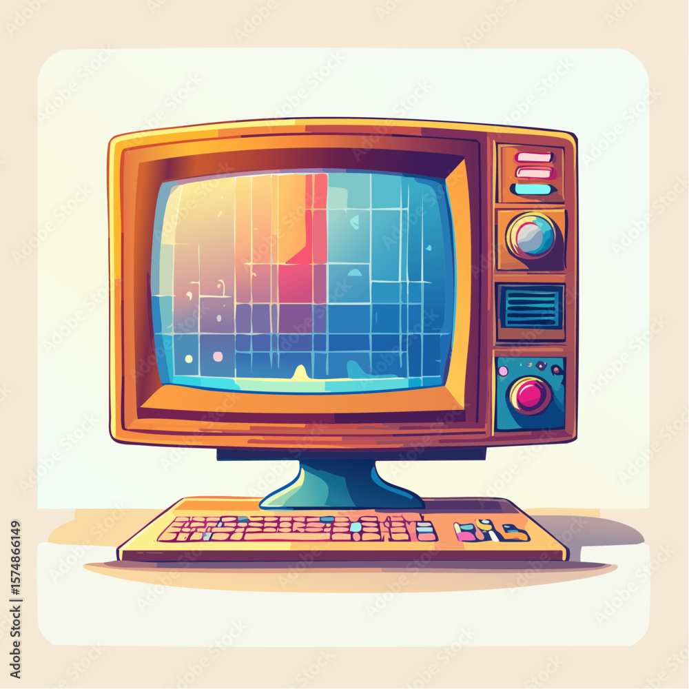 Poster retro computer display with colorful pixelated screen