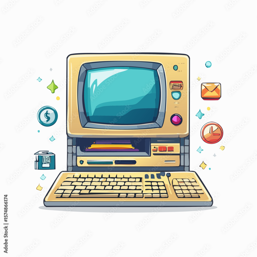 Poster retro computer system with keyboard and monitor