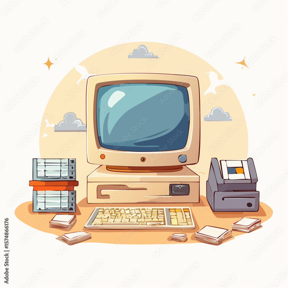 Poster retro computer setup with floppy disks and printer