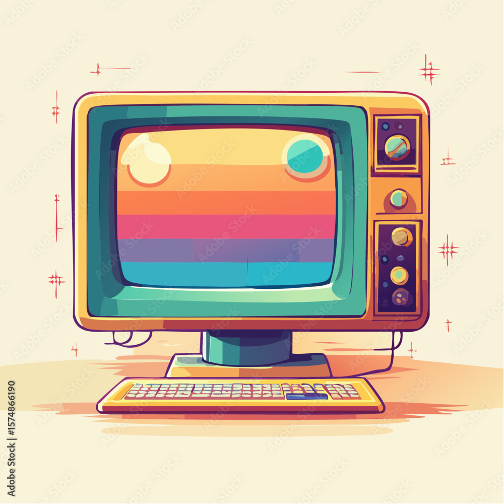 Fototapete retro computer with colorful display and keyboard