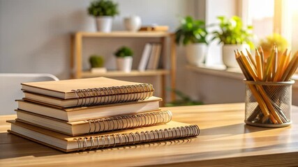 Sunny desk with stacked books window greenery showcases creativity and academic pursuits